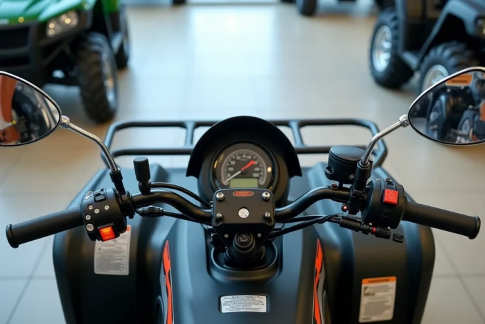 Gros plan sur le tableau de bord et les commandes homologuées d'un quad 125 cm³ exposé dans un concessionnaire
