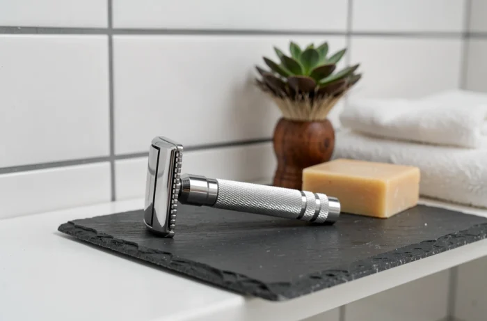 Rasoir de sûreté en inox posé sur une ardoise dans une salle de bain minimaliste avec blaireau et savon naturel