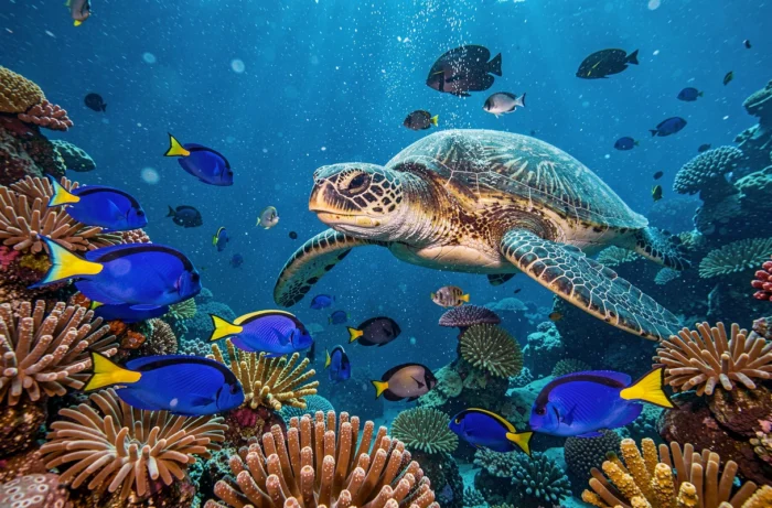 Récif corallien vivant avec une tortue marine et des poissons chirurgiens bleus nageant parmi les coraux colorés