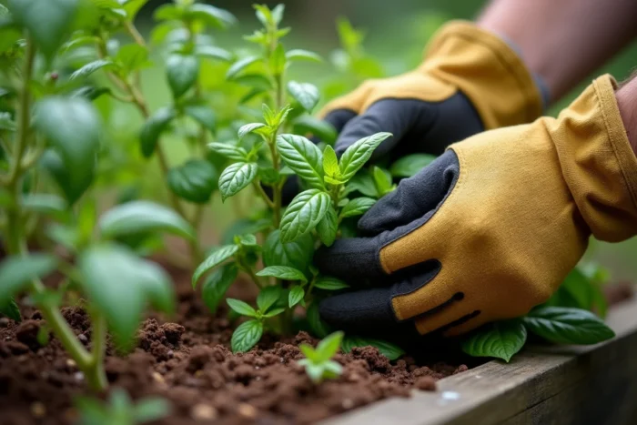 Mains de jardinier déposant des herbes aromatiques près des plants de tomates pour éloigner les chenilles naturellement