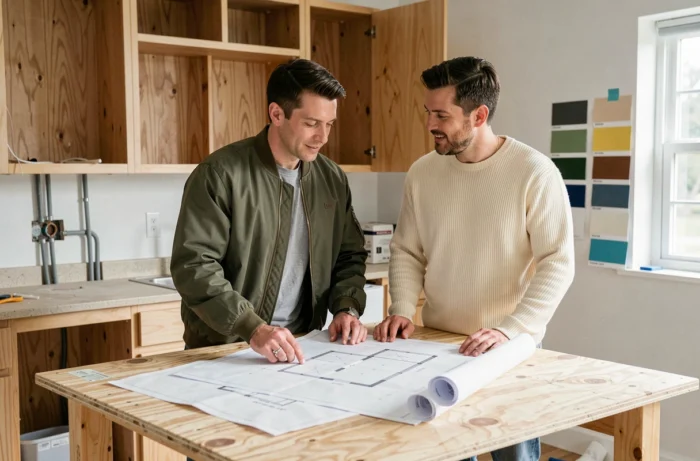 Couple examinant des plans d'architecture dans une cuisine en cours de rénovation avec meubles démontés