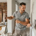 Homme en train d'enduire un mur intérieur lors de travaux de rénovation dans un salon en chantier