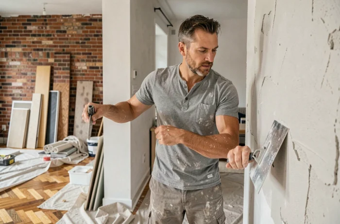 Homme en train d'enduire un mur intérieur lors de travaux de rénovation dans un salon en chantier
