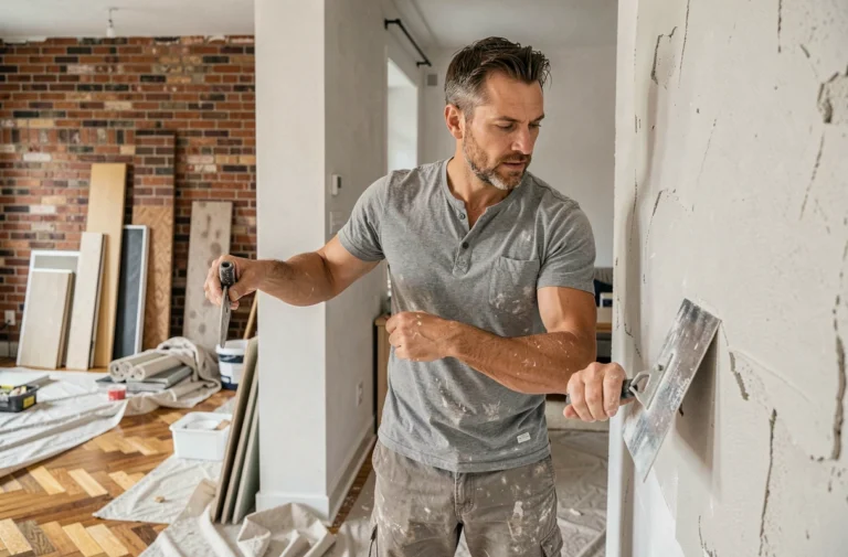 Homme en train d'enduire un mur intérieur lors de travaux de rénovation dans un salon en chantier