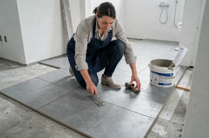 Femme posant des carreaux de céramique grise dans une salle de bain en cours de rénovation