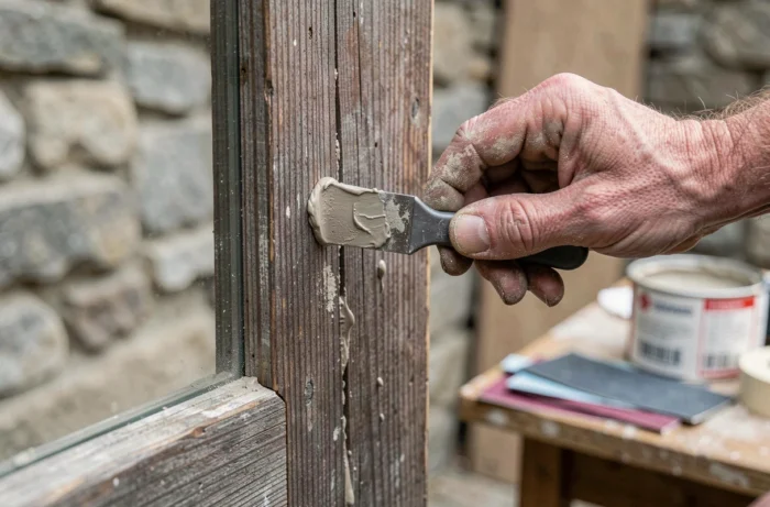 Gros plan de mains appliquant du mastic de réparation sur une fissure dans un panneau en bois avec une spatule