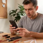 Homme réparant un smartphone Android démonté sur un bureau en bois avec des outils de précision