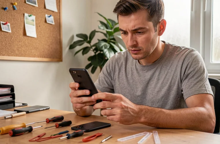 Homme réparant un smartphone Android démonté sur un bureau en bois avec des outils de précision