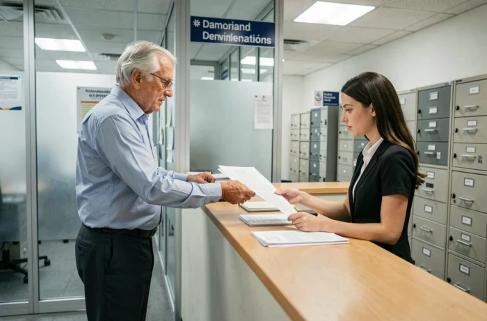 Retraité déposant un dossier de recours contre une baisse de retraite dans un bureau administratif français