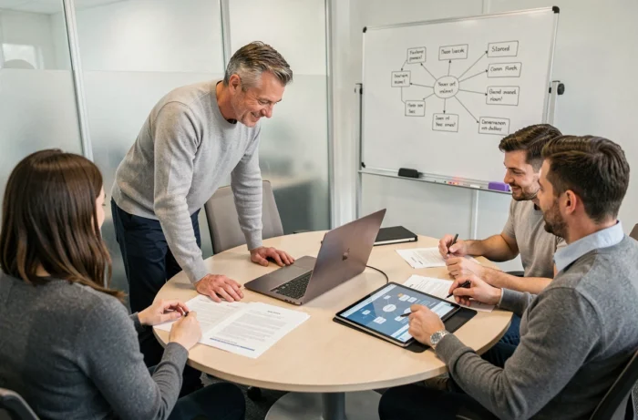 Équipe professionnelle en réunion autour d'un plan informatique d'optimisation d'entreprise avec tablette et documents