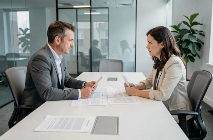 Deux professionnels en réunion juridique autour d'un contrat dans une salle de conférence moderne, représentant la négociation et la résolution de litiges liés à la responsabilité civile