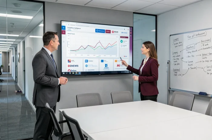Deux professionnels B2B en réunion stratégique analysant un tableau de bord de veille concurrentielle sur écran mural