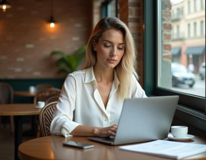 Jeune femme gérant et sauvegardant ses documents Arkevia sur un ordinateur portable dans un café urbain
