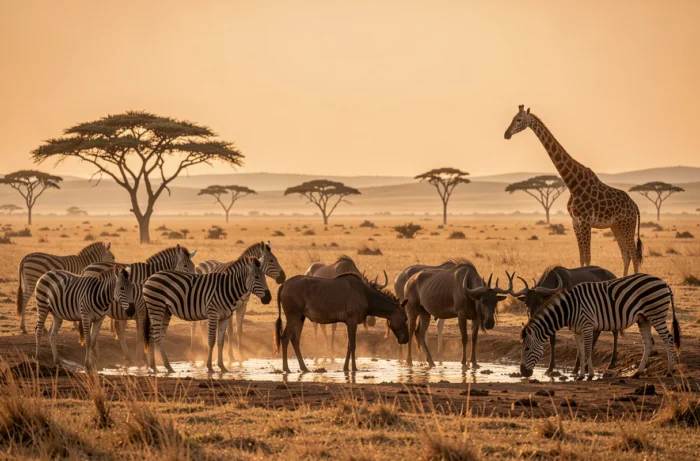 Troupeau de zèbres et gnous autour d'un point d'eau en savane africaine avec une girafe en arrière-plan