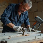 Artisan insérant une tige filetée dans un scellement chimique sur mur en pierre naturelle