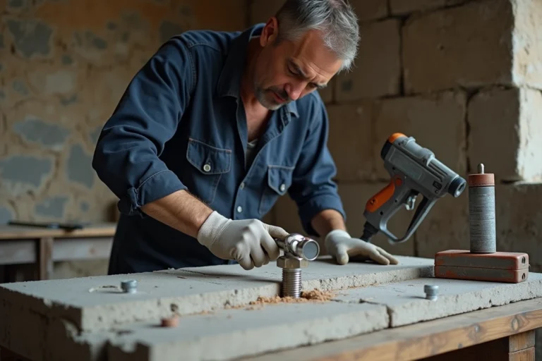 Artisan insérant une tige filetée dans un scellement chimique sur mur en pierre naturelle