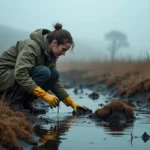 Scientifique examinant une mystérieuse bogmoule dans une tourbière écossaise brumeuse