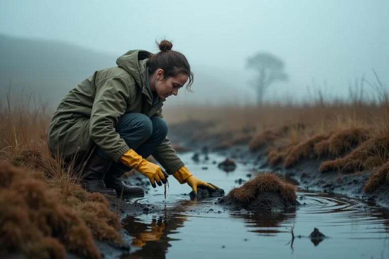 Scientifique examinant une mystérieuse bogmoule dans une tourbière écossaise brumeuse