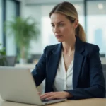 Femme professionnelle vérifiant ses emails sur un ordinateur portable pour détecter des tentatives de phishing dans un bureau moderne