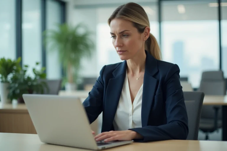 Femme professionnelle vérifiant ses emails sur un ordinateur portable pour détecter des tentatives de phishing dans un bureau moderne