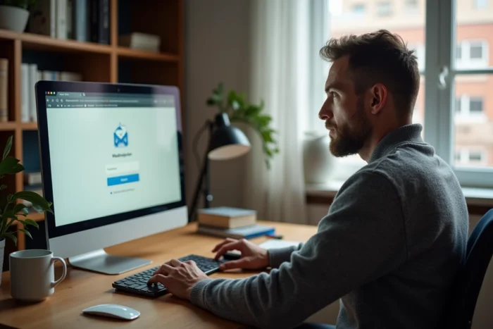 Homme sécurisant son compte webmail académique depuis un bureau à domicile