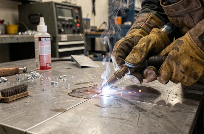 Gros plan sur le soudage MIG d'un joint en aluminium avec torche et projection d'étincelles en atelier