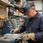 Soudeur professionnel examinant une pièce en aluminium avant de démarrer le soudage MIG dans un atelier industriel
