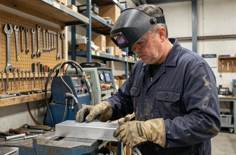 Soudeur professionnel examinant une pièce en aluminium avant de démarrer le soudage MIG dans un atelier industriel