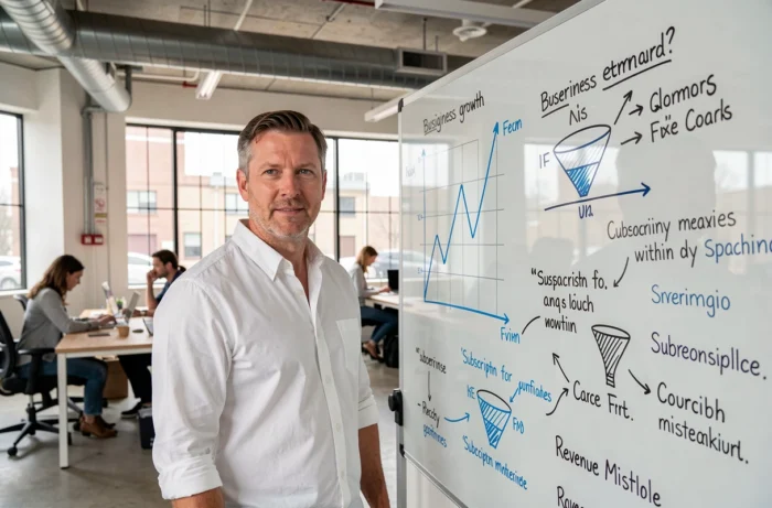 Homme d'affaires présentant une stratégie d'abonnement et des graphiques de croissance sur un tableau blanc dans un espace de coworking