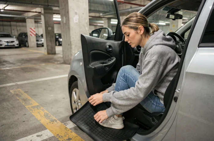 Femme installant un tapis de sol en caoutchouc sur mesure dans l'habitacle d'une citadine dans un parking souterrain urbain