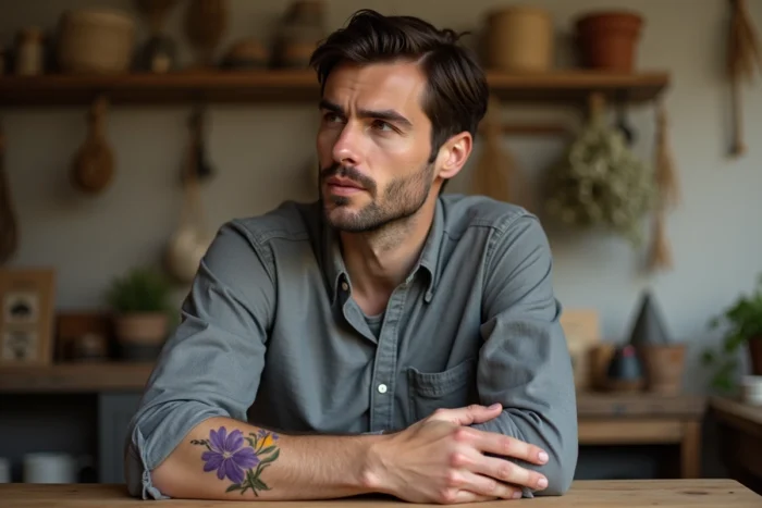 Homme en chemise grise retroussée révélant un tatouage freesia aquarelle violet et jaune sur le bras dans un atelier artisanal rustique