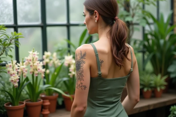 Femme de dos dans une serre botanique dévoilant un tatouage freesia finement gravé sur l'omoplate entouré de vraies fleurs de freesia en pot