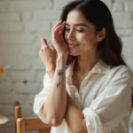 Femme aux bras tatoués d'un freesia en encre noire, tenant son poignet face à l'objectif dans un studio blanc épuré avec des fleurs de freesia en arrière-plan