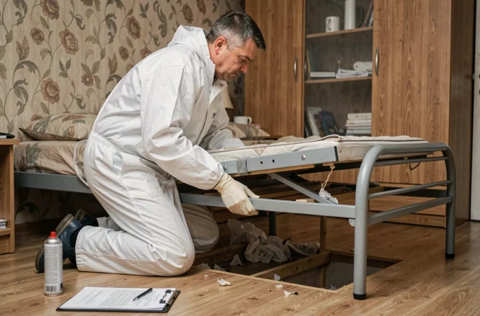 Technicien en désinsectisation inspectant sous un cadre de lit lors d'un traitement anti-punaises dans un appartement