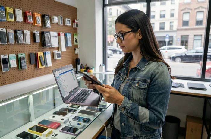 Technicienne diagnostiquant un smartphone Android branché à un ordinateur dans une boutique de réparation