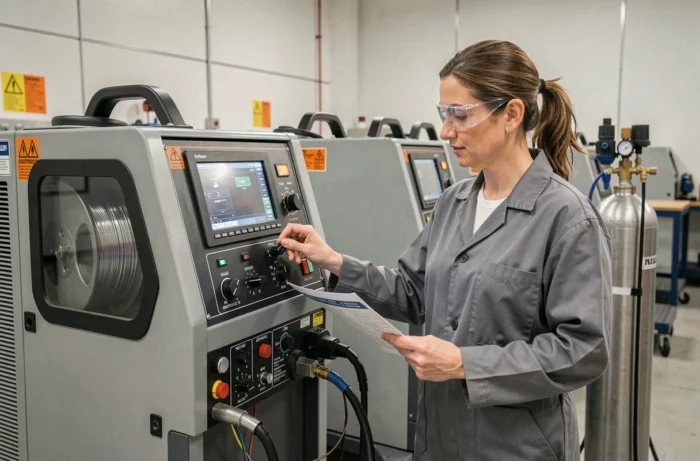 Technicienne réglant les paramètres d'un poste de soudage MIG aluminium dans un atelier de formation professionnel