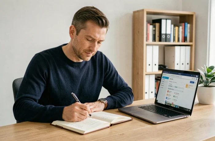 Homme en télétravail organisant ses tâches dans un carnet pour optimiser sa productivité