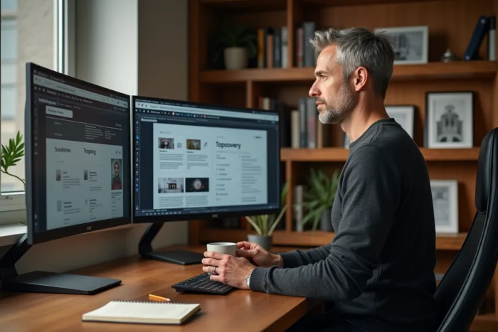 Professionnel en télétravail utilisant une nouvelle plateforme de centralisation de projets depuis son bureau à domicile