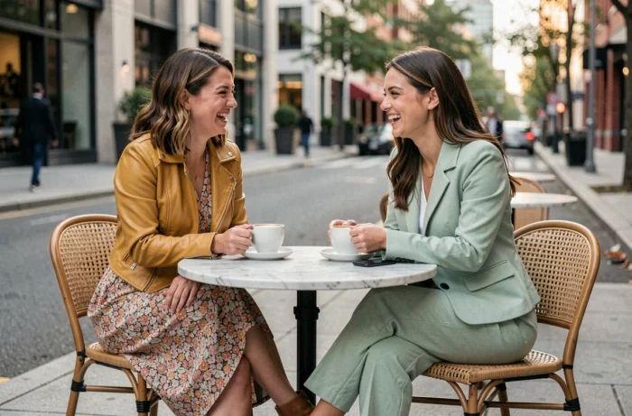 Deux amies stylées en vestes tendance et tenues coordonnées attablées en terrasse de café urbain moderne