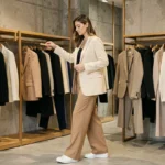 Femme tendance en blazer oversize crème et pantalon large camel dans une boutique de mode parisienne moderne