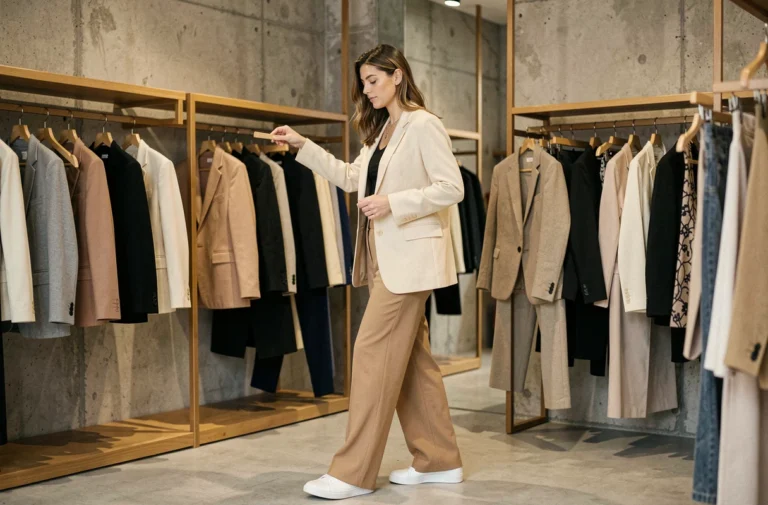 Femme tendance en blazer oversize crème et pantalon large camel dans une boutique de mode parisienne moderne