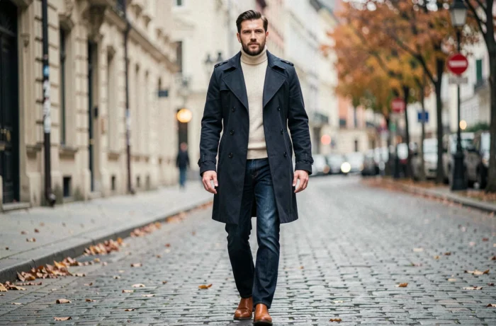 Homme élégant en trench coat marine et col roulé ivoire marchant dans une rue pavée européenne en automne