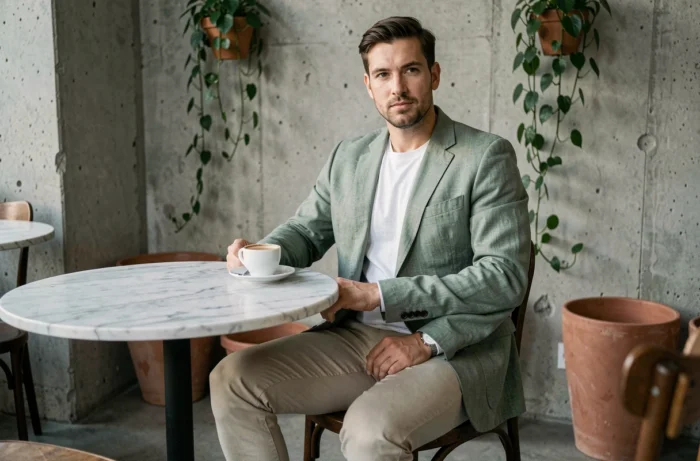 Homme en blazer en lin vert sauge assis dans un café minimaliste parisien avec une tasse d'espresso