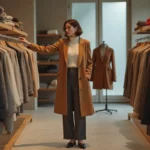 Femme élégante en manteau camel parcourant les nouvelles tendances mode dans une boutique parisienne minimaliste