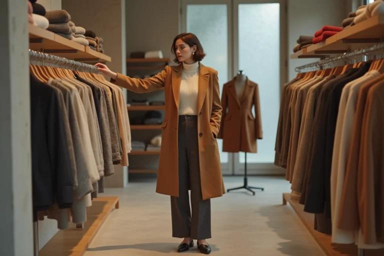 Femme élégante en manteau camel parcourant les nouvelles tendances mode dans une boutique parisienne minimaliste