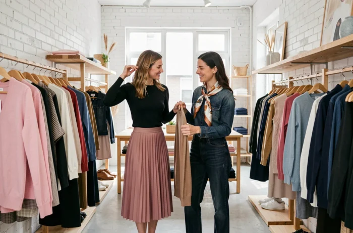 Deux femmes aux styles contrastés en train de choisir des vêtements dans un concept store moderne et lumineux