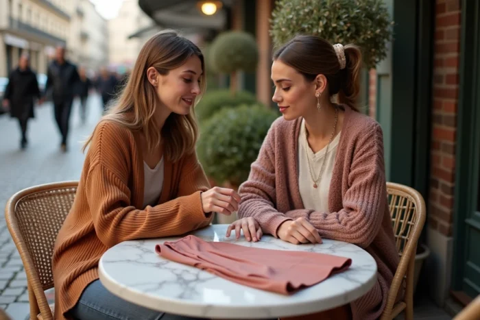 Deux femmes comparant des pièces de mode tendance autour d'un café en terrasse à Paris