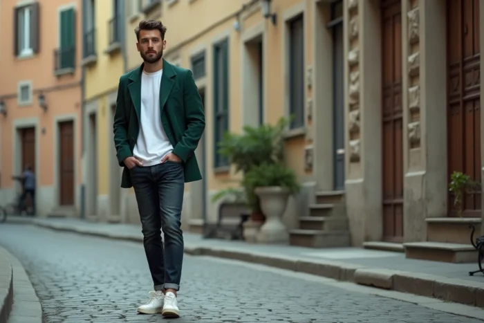 Homme stylé en blazer vert structuré posant dans une rue pavée européenne pour illustrer les tendances mode masculines