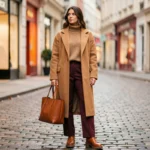 Femme élégante portant un manteau camel oversized et un pantalon large bordeaux dans une rue pavée européenne en automne