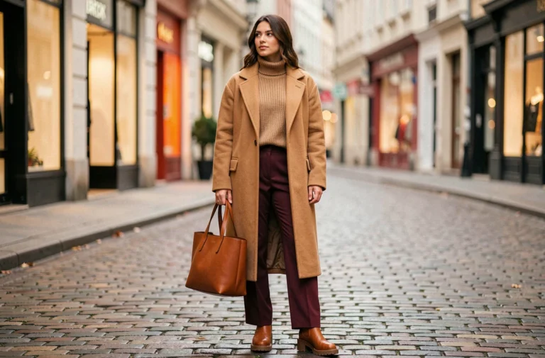 Femme élégante portant un manteau camel oversized et un pantalon large bordeaux dans une rue pavée européenne en automne